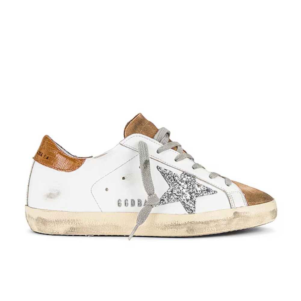 Superstar Sneaker in white, tobacco, silver, and taupe